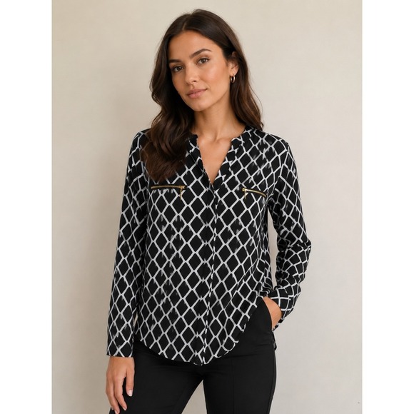 INC International Concepts Tops - INC International Concepts Black White Geometric Diamond Blouse Petite Large